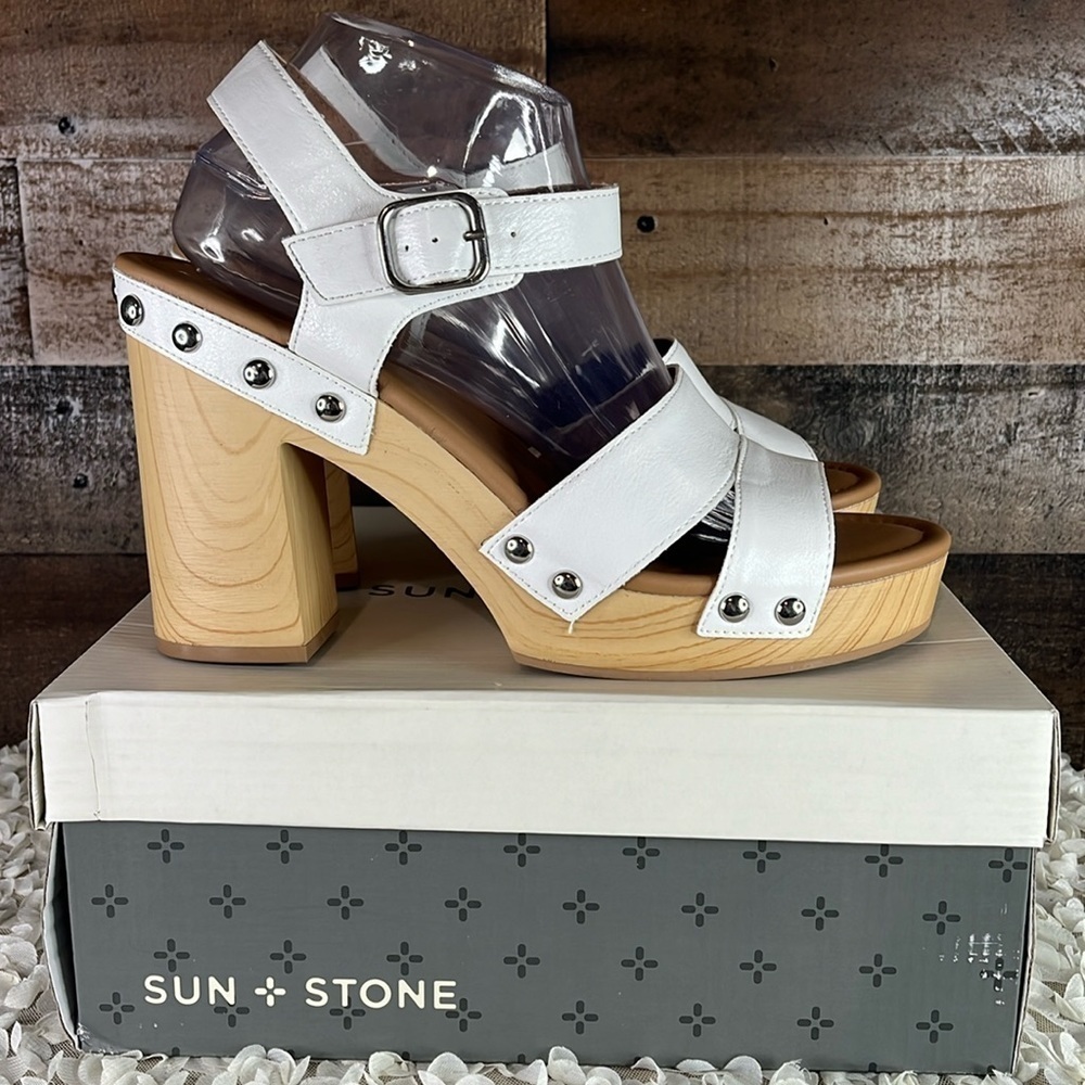 Sun + Stone Ankle-Strap Heels Sandals Size 10 White Delestep NEW